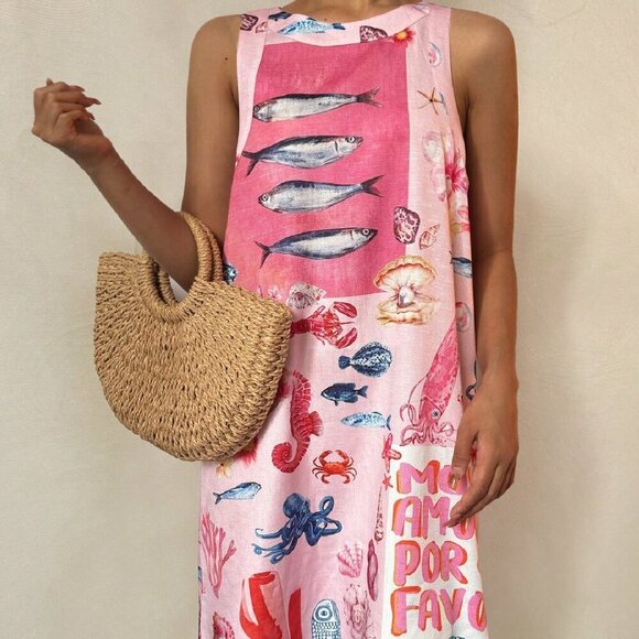 Pink Casual Women's Boho Beachwear Tropical Vibrant Ocean Print Dress - Picture 3 of 5